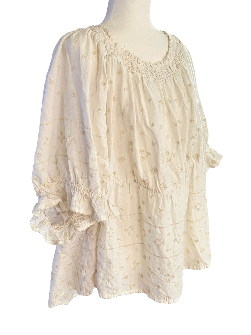 Embroidered Cream Smocked Knit Top